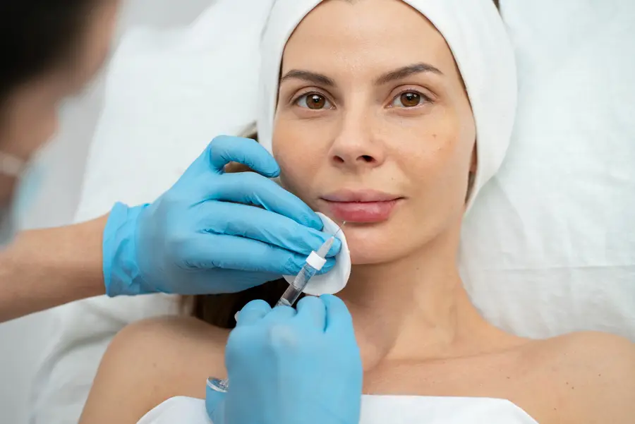 Aplicação de preenchimento labial durante procedimento de harmonização orofacial.
